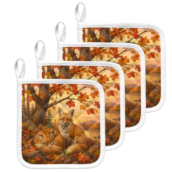 Fall Thanksgiving Pot Holders for Kitchen Heatproof Potholder, 4 Pack Retro Rustic Maple Wild Animals Orange Hot Pads Multipurpose Oven Pads Terry Cloth Potholders Trivet for Cooking and Baking