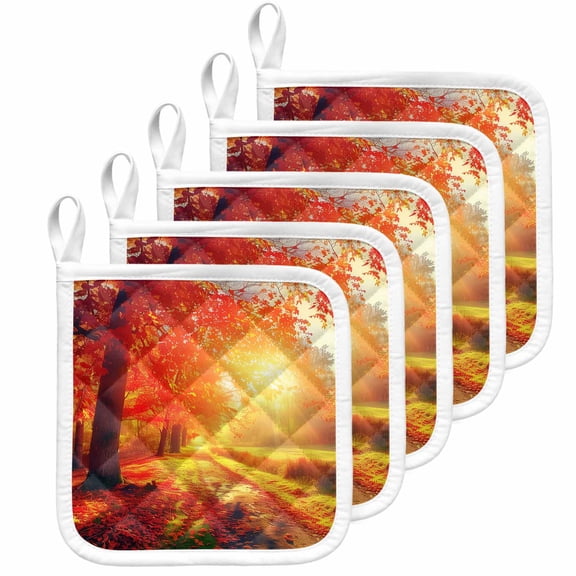 Fall Thanksgiving Pot Holders for Kitchen Heatproof Potholder, 5 Pack Red Orange Sunrise Forest Autumn Hot Pads Multipurpose Oven Pads Cloth Potholders Trivet for Cooking Baking