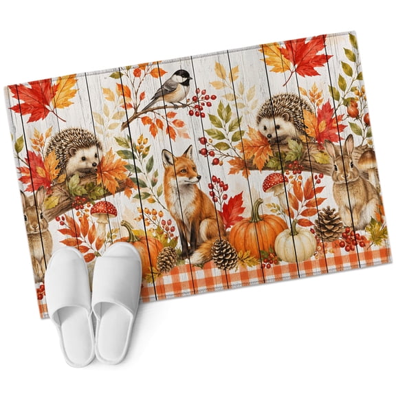 Fall Thanksgiving Pumpkin Bathroom Rug Washable 2x3 Entryway Rug Non Slip Forest Animals Plants Plaid Wooden Front Door Mat Low Pile Indoor Doormat Throw Floor Carpet for Kitchen Bedroom Entrance