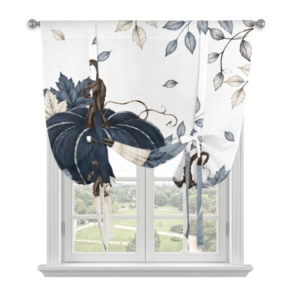Fall Thanksgiving Pumpkin Blue Tie Up Curtains,Adjustable Rod Pocket Window Shade Curtain Drape Farm Maple Leaves on White Tie-Up Valance for Kitchen Bedroom Living Room Windows,34"x45"