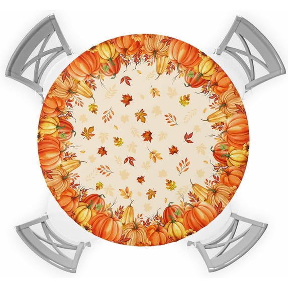 Fall Thanksgiving Pumpkin Fitted Elastic Table Cover for Round Table,Burnt Orange,Waterproof Oil Proof Tablecloth for Indoor Outdoor Picnic Camping Party Swim Pool Party Plastic Table Cloth 36"- 44"