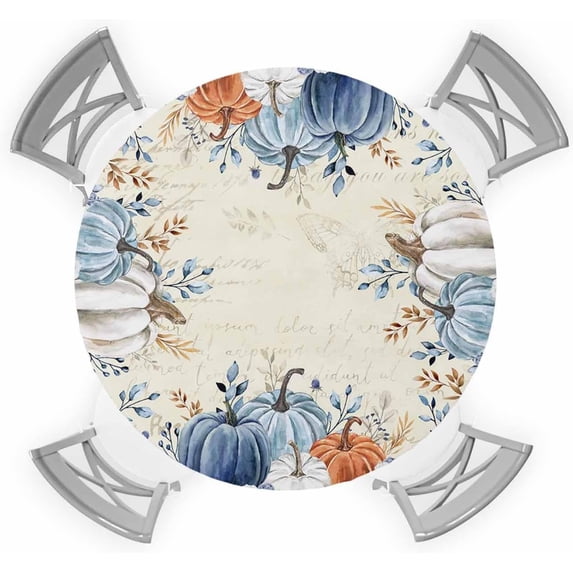 Fall Thanksgiving Pumpkin Fitted Elastic Table Cover for Round Table,Burnt Orange,Waterproof Oil Proof Tablecloth for Indoor Outdoor Picnic Camping Party Swim Pool Party Plastic Table Cloth 36"- 44"