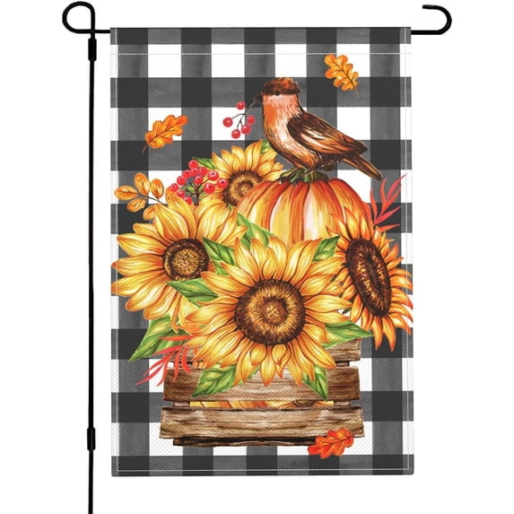 Fall Thanksgiving Pumpkin Garden Flag Double Sided Autumn Watercolor Bird Sunflower Buffalo Plaid Yard Outdoor Decor