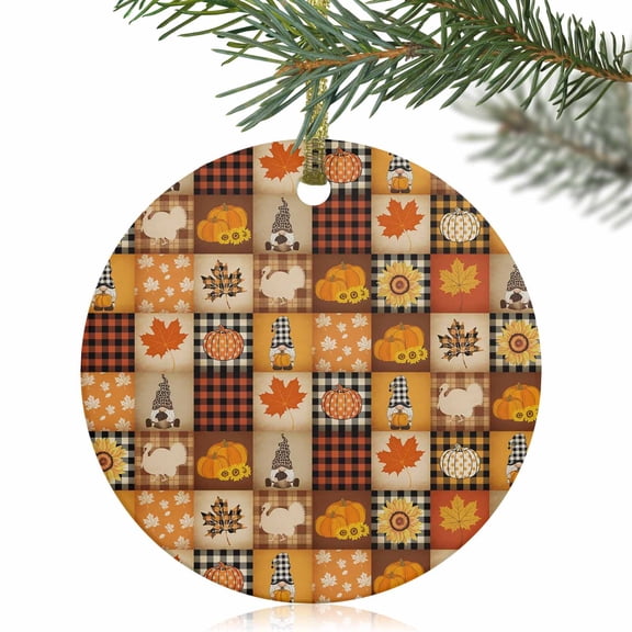 Fall Thanksgiving Pumpkin Gnome Maple Leaf Christmas Ceramic Ornament 2025,3" Round Xmas Tree Hanging Accessories with Gold Ribbon