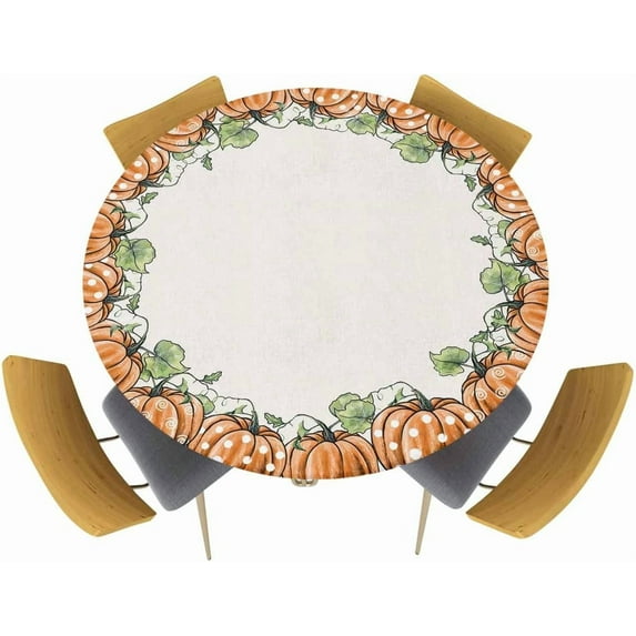 Fall Thanksgiving Pumpkin Kitchen Cover, Orange Buffalo Plaid Fitted Tablecloth for Round Tables, Waterproof with Elastic Edge, Autumn Maple Leaves White Circle Table Covers 55-60in