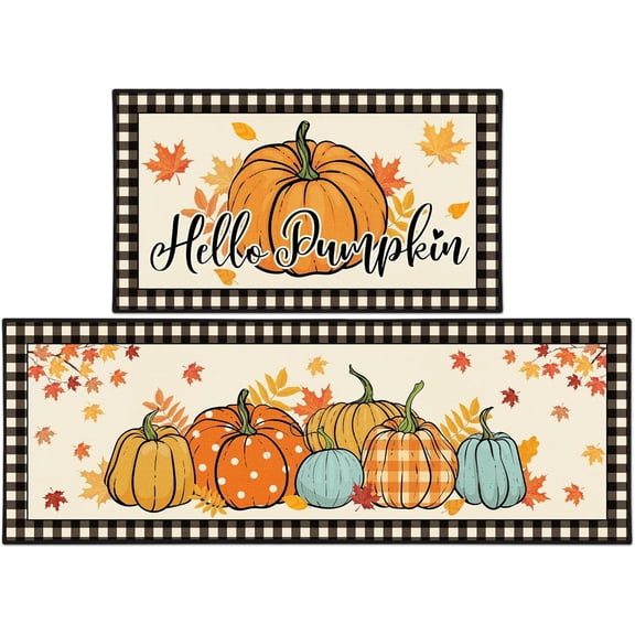 Fall Thanksgiving Pumpkin Kitchen Mats Set of 2, Farmhouse Kitchen Rugs Non Slip Standing Area Doormat Decorations for Home Season Autumn Harvest Maple Leaves - Fall Floor Mat 17"x29" and 17"x47"
