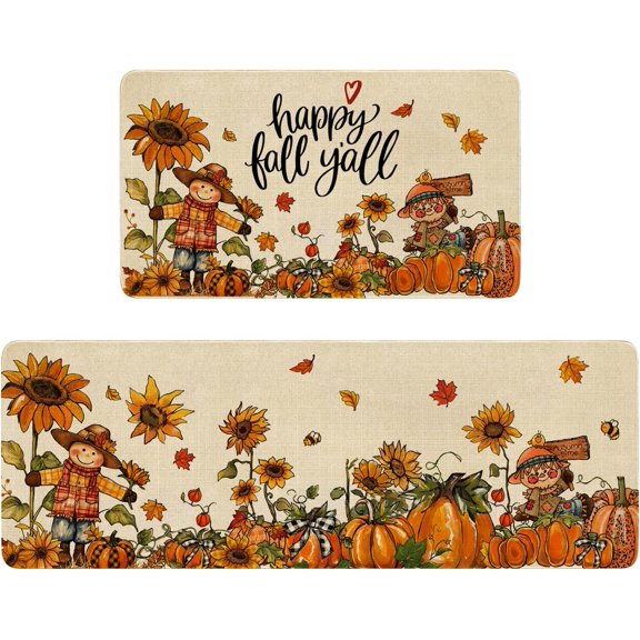 Fall Thanksgiving Pumpkin Kitchen Rugs Set of 2,Cute Happy Fall Y''all Scarecrow Pumpkins Farmhouse Floor Mats and Rugs Non Skid Washable for Autumn Kitchen Home Decor (17"x47"+17"x30")