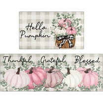 Fall Thanksgiving Pumpkin Kitchen Rugs Set of 2,Eucalyptus Buffalo Plaid Farmhouse Floor Mats and Rugs Non Skid Washable for Kitchen Home Decor (Pink 17"x47" 17"x30")
