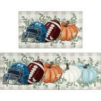 Fall Thanksgiving Pumpkin Kitchen Rugs Set of 2,Eucalyptus Buffalo Plaid Farmhouse Floor Mats and Rugs Non Skid Washable for Kitchen Home Decor (Blue Football 17"x47" 17"x30")
