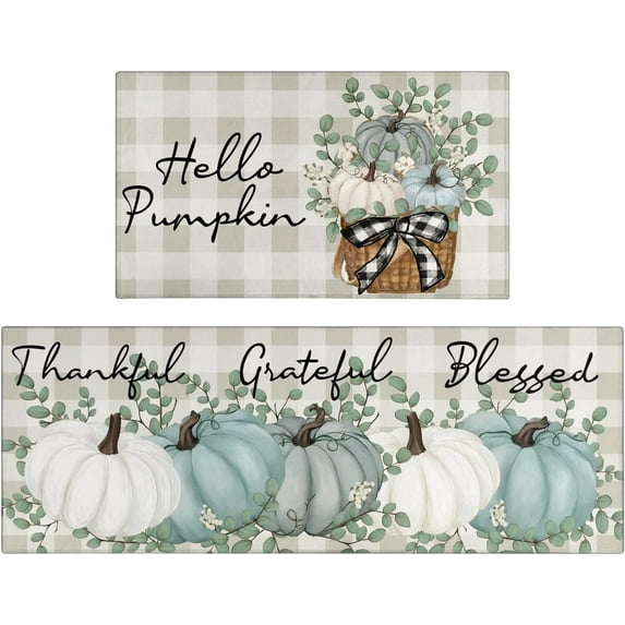 Fall Thanksgiving Pumpkin Kitchen Rugs Set of 2,Eucalyptus Buffalo Plaid Floor Mats and Rugs Non Skid Washable for Kitchen Home Decor,Farmhouse Decorations and Accessories (17"x47"+17"x30")