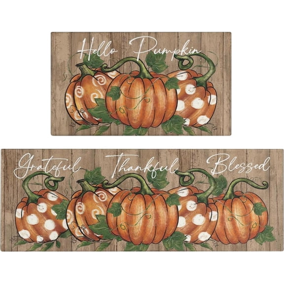 Fall Thanksgiving Pumpkin Kitchen Rugs Set of 2,Harvest Orange Wood Pot Pumpkin Farmhouse Floor Mats and Rugs Non Skid Washable for Kitchen Home Decor (17"x47"+17"x30")