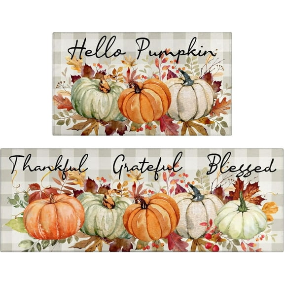 Fall Thanksgiving Pumpkin Kitchen Rugs Set of 2,Orange,White,Green,Pumpkin & Maple Leaf Farmhouse Floor Mats and Rugs Non Skid Washable for Kitchen Home Decor (17"x47"+17"x30")