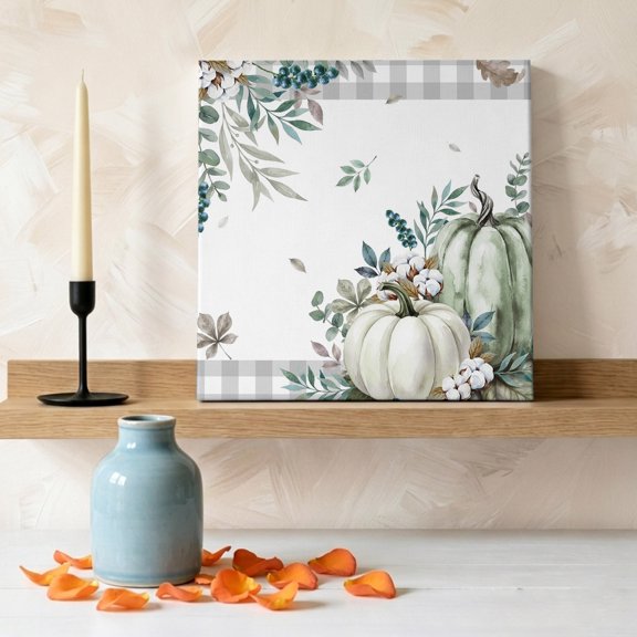 Fall Thanksgiving Pumpkin Leaf Canvas Wall Art, Framed Wall Art Waterproof Canvas Prints Paintings 8"x8", Farm Cotton Berry Gray Plaid Oil Painting for Bedroom Living Room Bathroom Home Decor