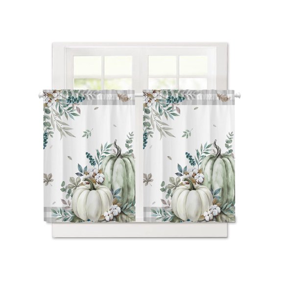 Fall Thanksgiving Pumpkin Leaf Short Blackout Curtains 36 Inch Long,Farm Cotton Berry Gray Plaid Rod Pocket Kitchen Curtains,2 Panels Thermal Insulated Room Darkening Drapes for Bedroom,30"Wx36"L