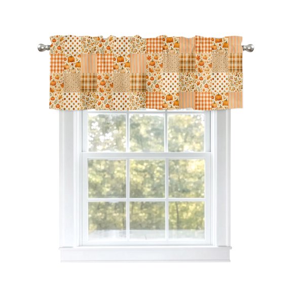 Fall Thanksgiving Pumpkin Linen Valance for Windows,Kitchen Valance Rod Pocket Curtain 54x18 inch, Maple Leaves Plaid Stripe Short Curtain Window Treatment Topper for Bedroom Living Room