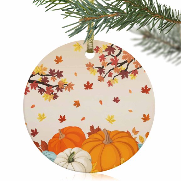 Fall Thanksgiving Pumpkin Maple Leaf Christmas Ceramic Ornament 2025,3" Round Xmas Tree Hanging Accessories with Gold Ribbon