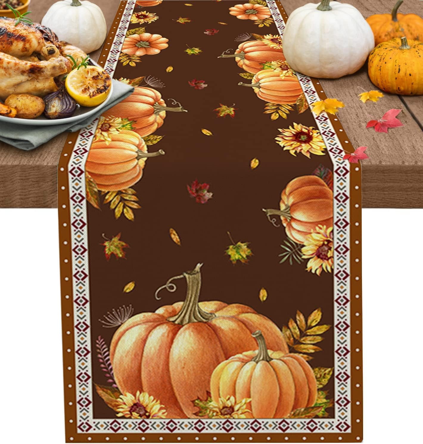 Fall Thanksgiving Pumpkin Maple Leaves Linen Table Runners Party