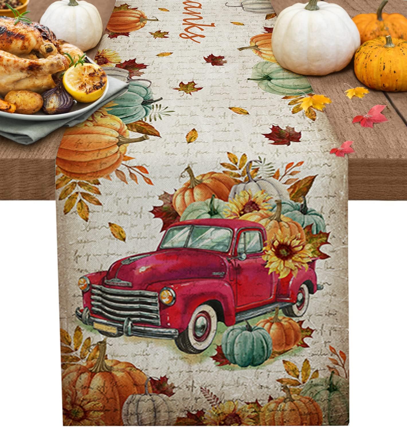 Fall Thanksgiving Pumpkin Maple Leaves Linen Table Runners Party