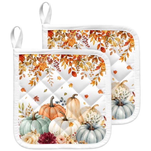 Fall Thanksgiving Pumpkin Pot Holders for Kitchen Heatproof Potholder, 2 Pack Autumn Rustic Maple Leaf Floral Hot Pads Multipurpose Oven Pads Terry Cloth Potholders Trivet for Cooking and Baking