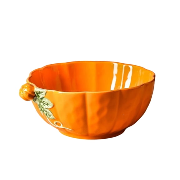 Fall Thanksgiving Pumpkin Shaped Ceramic Bowl 8.66 Inch Orange Ribbed Serving Dish with Decorative Leaf Vine Handle for Salad Soup Snack Harvest Tableware