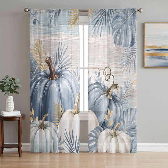 Fall Thanksgiving Pumpkin Sheer Curtains 63 Inches Long, Rustic Tropical Botanical Blue Light Filtering Window Curtains for Living Room, Rod Pocket Voile Sheer Curtain Drapes, 52"W x 63"L, 2 Panels