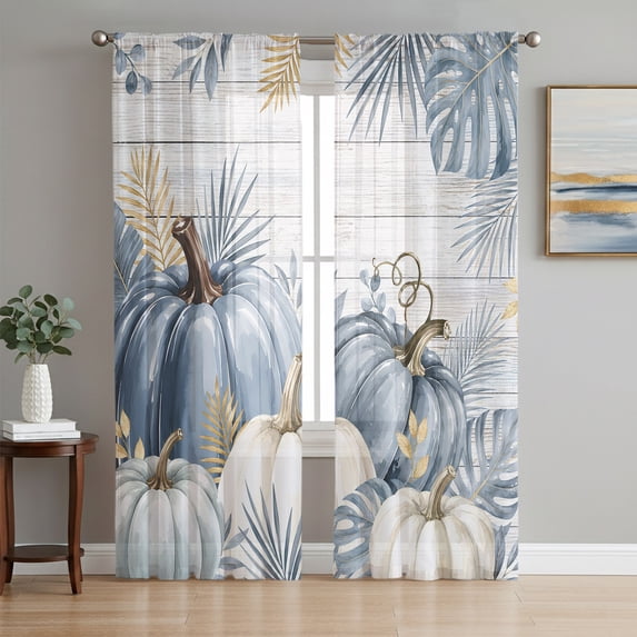 Fall Thanksgiving Pumpkin Sheer Curtains 84 Inches Long, Monstera Leaves Botanical Wood Gray Light Filtering Window Curtains for Living Room, Rod Pocket Voile Chiffon Drapes, 52"W x 84"L, 2 Panels