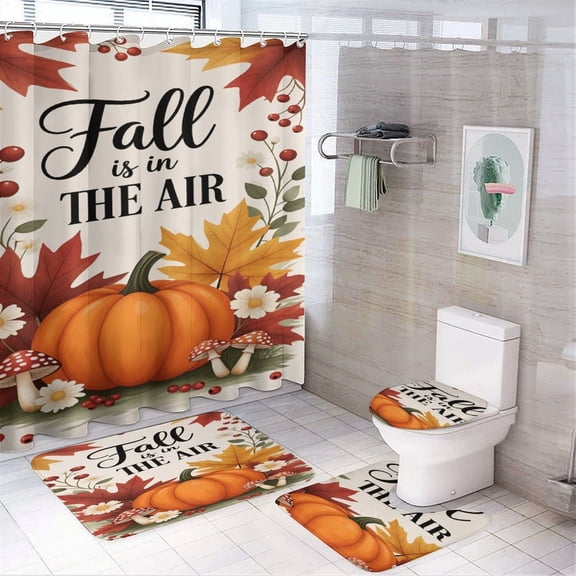 Fall Thanksgiving Pumpkin Shower Curtain And Rugs Mat Set For Bathroom Bath Curtains Decoration Accessories Bathtub Screen 4 Pcs