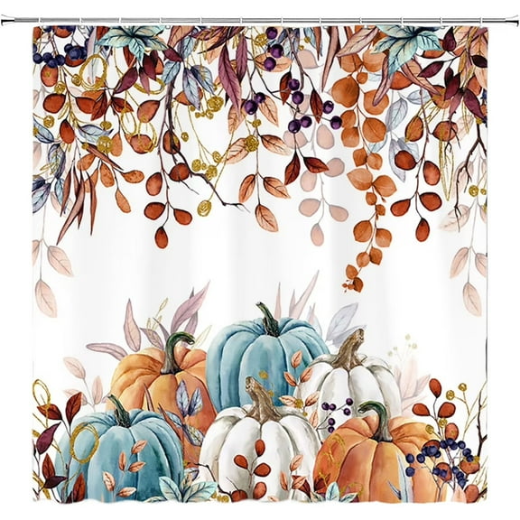Fall Thanksgiving Pumpkin Shower Curtain Autumn Leaves With Pumpkins Farmhouse Curtain Maple Leaves Bathroom Accessories Botanical For Bathroom Curtain Liner Set Shower Curtain