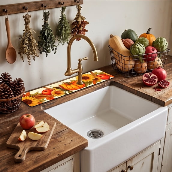 Fall Thanksgiving Pumpkin Sink Mat for Faucet Sink Splash Guard Faucet Handle Drip Catcher for Kitchen Bathroom Absorbent Microfiber Dish Drying Mat