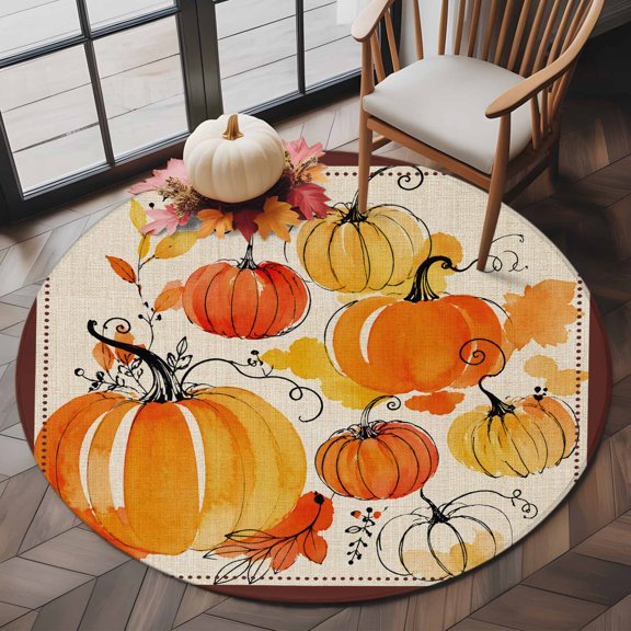 Fall Thanksgiving Pumpkin Watercolor Orange Round Area Rug 5ft,Living Room Rug Non-Slip Washable Circle Rugs Pad,Vintage Linen Soft Floor Carpet for Bedroom Dining Room