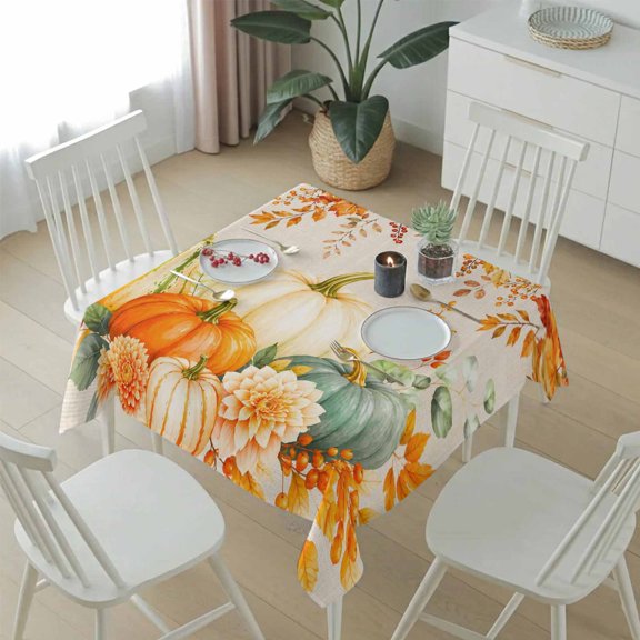 Fall Thanksgiving Pumpkin Watercolor Table Cloth 54x54in, Waterproof Square Tablecloth Wipeable Tablecloths Orange Leaves Table Covers for Dining Tables Party Indoor Outdoor