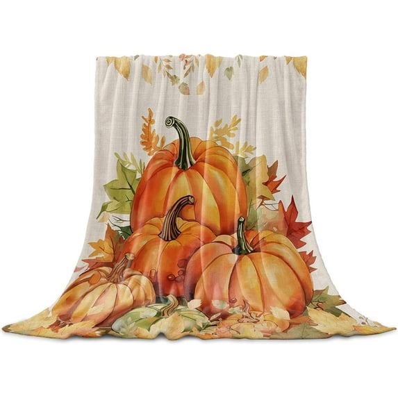 Fall Thanksgiving Pumpkins Blanket Fleece Throw Blankets 50'' x 60'', Autumn Eucalyptus Leaves Harvest Maple Super Soft Microfiber Warm Plush Cozy Luxury Bed Blankets All Season for Couch/Sofa/Gifts