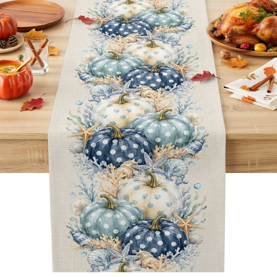 Fall Thanksgiving Pumpkins Cotton Linen Rectangle Table Runners 13"x48", Blue Coastal Starfish Coral Beige Coffee Table Runner Dresser Scarves Table Runners for Wedding Party Banquet Dinner Decor