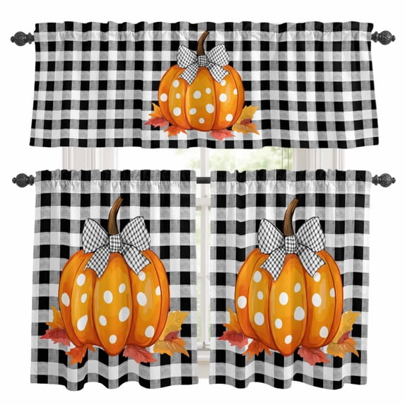 Fall Thanksgiving Pumpkins Kitchen Curtains Sets for Windows 36 Inch Length, Autumn Maple Vintage Bow Plaid Rod Pocket Window Treatments Tier Curtains and Valances Set for Bedroom/Bathroom