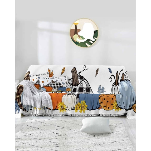 Fall Thanksgiving Pumpkins Sofa Covers for 3 Cushion,Washable Couch Cover for Sectional Sofa Slipcovers,Buffalo Plaid Orange Blue Black White Loveseat Covers Futon Cover Throw Blanket 71x118