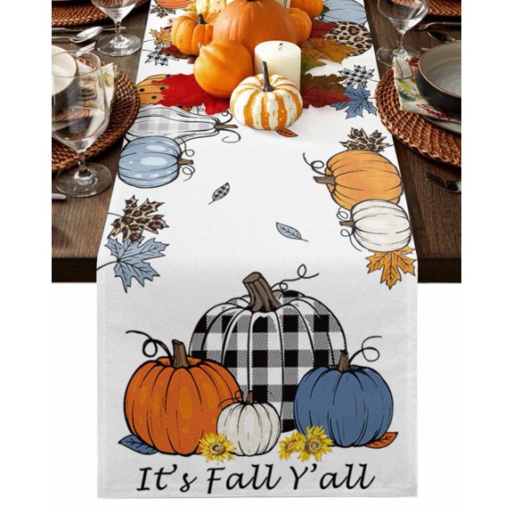 Fall Thanksgiving Pumpkins Table Runner-Cotton Linen- 120 Inch Holiday Dresser Scarves, Buffalo Plaid Orange Blue Black White Tablerunner for Kitchen Coffee/Dining Dinner Scarf Décor 13x120