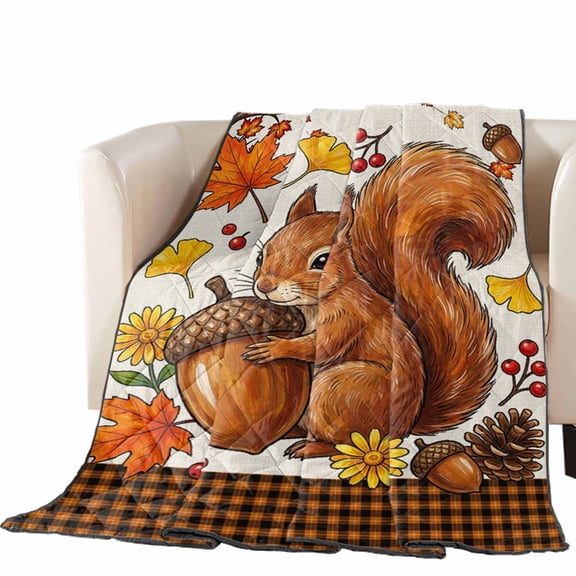 Fall Thanksgiving Quilted Comforters Cooling Blanket Oversized King Size, Rustic Squirrel Acorn Orange Gingham Base Cold Comfort for Hot Sleepers Lightweight Air Conditioning Quilt Blanket for Bed