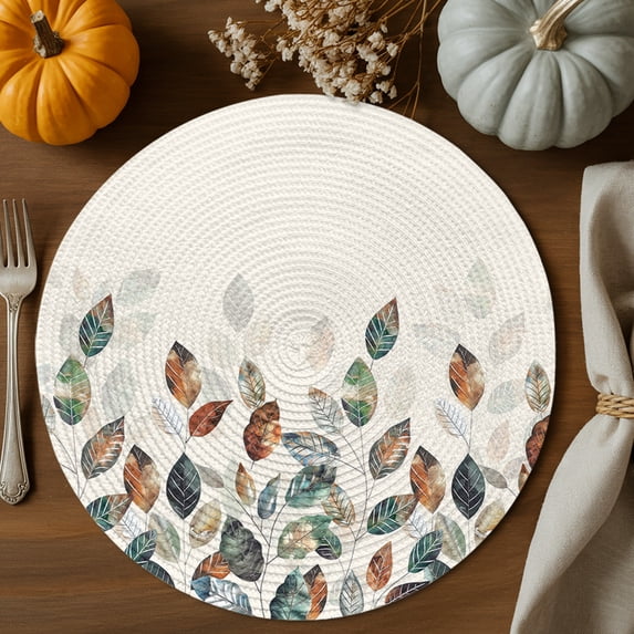 Fall Thanksgiving Round Braided Placemats Set of 8, Blue Green Plants Eucalyptus Leaves Heat Insulation Place Mats Washable Non-Slip Table Mats for Kitchen Dining Party, 15 Inches