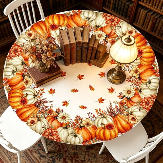 Fall Thanksgiving Round Table Cloth 48 Inch Orange Pumpkin Maple Leaves Sunflower Table Cover for Party Picnic Dinner Decor