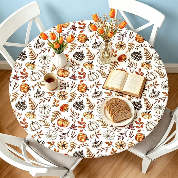 Fall Thanksgiving Round Table Cloth 48 Inch Orange Pumpkin Maple Leaves Table Cover for Party Picnic Dinner Decor