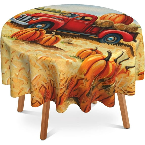 Fall Thanksgiving Round Table Cloth 60 Inch,Red Truck Pumpkin Tablecloth Waterproof Stain Wrinkle Resistant Washable Circle Table Cover for Home Kitchen Dining Room Party Outdoor Picnic