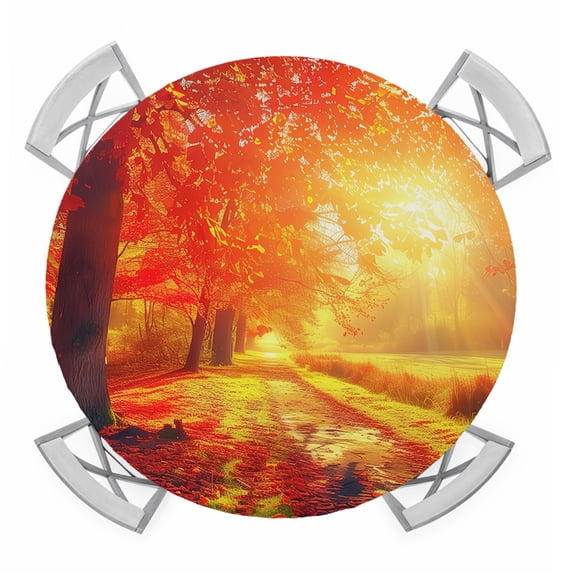 Fall Thanksgiving Round Tablecloth for 45-54 Inch Tables,Fitted Table Cover with Elastic Edge,Red Orange Sunrise Forest Autumn Waterproof Outdoor Table Cloth Protector for Patio Garden Dinner Picnic