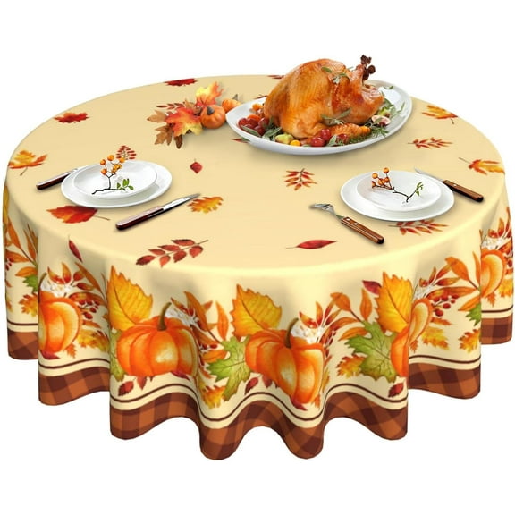 Fall Thanksgiving Round Tablecloth 60 Inch, Pumpkin Fallen Leaves Table Cloth for Autumn Rustic Farmhouse Kitchen Decor, Wipeable Polyester Fabric Table Cover for Holiday Party