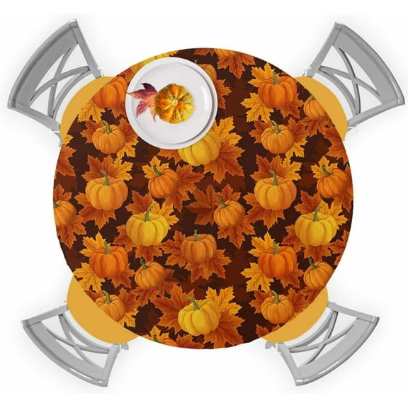 Fall Thanksgiving Round Tablecloth Autumn Maple Leaves Pumpkin Elastic Edge Fitted Plastic Table Cover,Waterproof Oil Proof for Dinner,Outdoor, Picnic, 45" - 54" Tables Orange Fallen Leaf