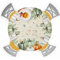 Fall Thanksgiving Round Tablecloth Sage Green Pumpkin Elastic Edge Fitted Plastic Table Cover,Waterproof Oil Proof for Dinner,Outdoor, Picnic, 36" - 44" Tables Autumn Floral Eucalyptus Leaves