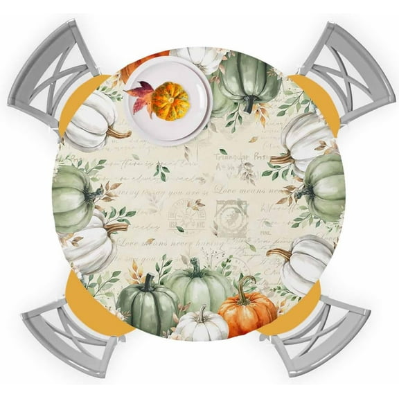 Fall Thanksgiving Round Tablecloth Sage Green Pumpkin Elastic Edge Fitted Plastic Table Cover,Waterproof Oil Proof for Dinner,Outdoor, Picnic, 36" - 44" Tables Autumn Floral Eucalyptus Leaves