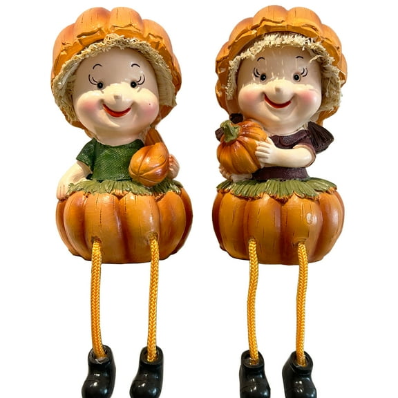 Fall Thanksgiving Scarecrow Pumpkin Shelf Sitters with Dangling Legs Decoration, Set of 2 Fruit Harvest Sculpture for Window Sill Kitchen Tabletop Autumn Home Decoration