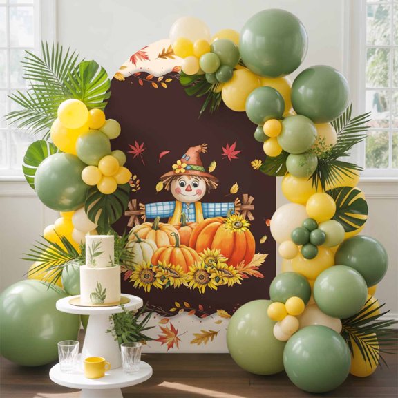 Fall Thanksgiving Scarecrows Orange Pumpkin Arch Backdrop Cover Stretchy Spandex Arch Cover 6ft, Rural Sunflower Maple Leaf Round Top Chiara Stand Covers for Wedding Birthday Party Ceremony Banquet