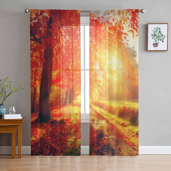 Fall Thanksgiving Semi Sheer Curtains 72 Inch Length 2 Panels Set, Red Orange Sunrise Forest Autumn Sheer Kitchen Curtain Privacy Voile Window Curtain for Living Room Bedroom Rod Pocket Drapes