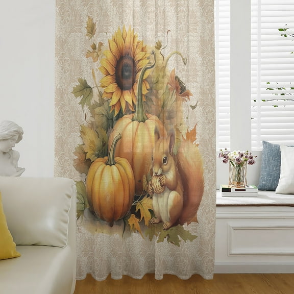 Fall Thanksgiving Semi Sheer Curtains Drapes for Living Room, Bedroom, French Doors Window 54 Inches Long, Orange Pumpkin Farm Animal Sunflower Rod Pocket Chiffon Curtain Drapery Voile Drape Panel